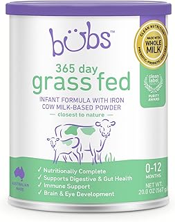 Bubs 365 Day Grass Fed Infant Formula with Iron, Cow Milk-Based Powder for Infants 0-12 Months, Made with Non-GMO Milk, 20 oz