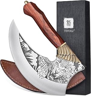 TIVOLI Ulu Knife 9-inch Pizza Cutter Axe, Viking Butcher Cleaver Knife, German 1.4116 Super Steel Rose Wooden Handle with Sheath & Box, Mincing Meat Vegetable Rocking Knives Birthday Gift Men Women