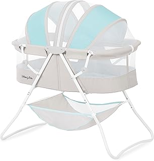 Dream On Me Karley Bassinet in Blue & Grey, Lightweight Portable Baby Bassinet, Quick Fold and Easy to Carry , Adjustable Double Canopy, Indoor and Outdoor Bassinet with Large Storage Basket.