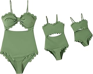 IFFEI Mommy and Me Matching Outfits Women's One Piece Swimsuits Cutout Scallop Trim Monokini Swimwear Bathing Suit