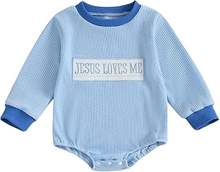 Baby Boy Fall Clothes Jesus Loves Me Embroidery Rompe Oversized Long Sleeve Bodysuit Newborn Waffle Christian Outfit