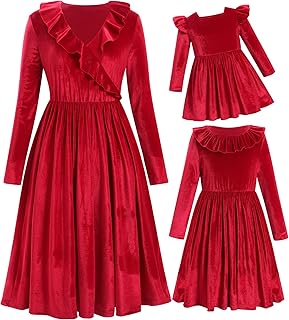 AWIBMK Mommy and Me Dresses V Neck Solid Color Velvet Ruffle Christmas Dress Long Sleeve Xmas Party Family Matching Outfits