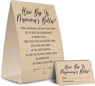Kraft Paper How Big is Mommy's Belly Sign,Guess Mommy's Belly Size Game Kit (1 Standing Sign + 50 Guessing Cards), Baby Showers Decorations-NPZHB03