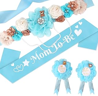 Blue Bear Maternity Sash Corsage Set – 4PCS Floral Belly Belt Baby Shower Decorations with Mom to Be Dad to Be Pins and Pearl Chain for Pregnancy Announcement and Gender Reveal Party