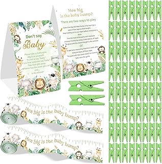 Safari Baby Shower Games Sign How Big is The Baby Bump and Don't Say Baby, 2 Tummy Measure Rolls and 50 Mini Clothespins, Safari Decorations Party Favors Supplies