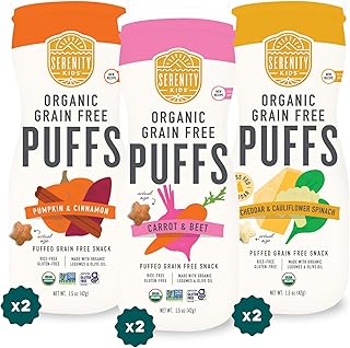 Serenity Kids 6+ Months Baby Puffs - Pack of 6, 1.5 oz, Variety Pack- USDA Organic Grain Free Toddler Food - Nut, Rice & Gluten Free Baby Snacks with Veggies, Legumes & Olive Oil