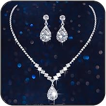 Aukmla Bride Wedding Necklace Earrings Set Silver Rhinestones Necklaces Bridal Crystal Jewelry Accessories for Women (Set of 3)