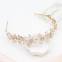 Oriamour Wedding Headbands Bridal Pearl and Crystal Floral Hair Accessories Bridal Headpieces For Bride Women Party Prom (Gold, 18'')