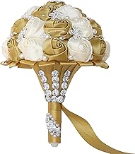 Sponsored Ad - Handmade Wedding Flowers Bridal Bouquets Crystal Bride Holding Bouquet Toss Round Artificial Satin Roses with Pearl Diamond Crystal Ribbon Light Gold and Creamy 5.9 Inch
