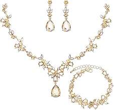 Wedding Jewelry Set for Women Bridal Floral Necklace Dangle Earrings Bracelet Set Crystal Prom Party Costume Accessories for Bride #0015
