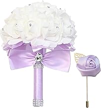 Sponsored Ad - Wedding Bouquet, Artificial Roses with Crystal Diamond Soft Ribbons, Bridal Flowers for Bride, Hand Bouquet Artificial Flowers Toss (Lavender)