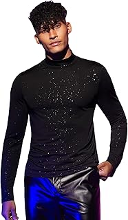 Men's Mock Neck Long Sleeve Party Dance Club Glitter Fitted Top Tshirt