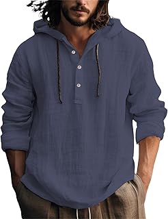 Linen Shirts for Men Lightweight Button Up Long Sleeve Shirts with Hood Regular Fit Cotton Beach Shirt