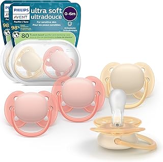 Philips Avent Ultra Soft Pacifiers - Orthodontic Design, for Babies 0-6 Months, Flexible Shield, Silicone Symmetrical Nipple, BPA-Free, 2 Sterilizing Cases, 4 Pack, SCF091/47