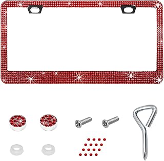 Bling License Plate Frame, Sparkly Bedazzled Auto Tag Holder with Mounting Kit, Handcrafted Crystal Stainless Steel Licence Plate Cover for Women Girls, Car Accessories (Red)