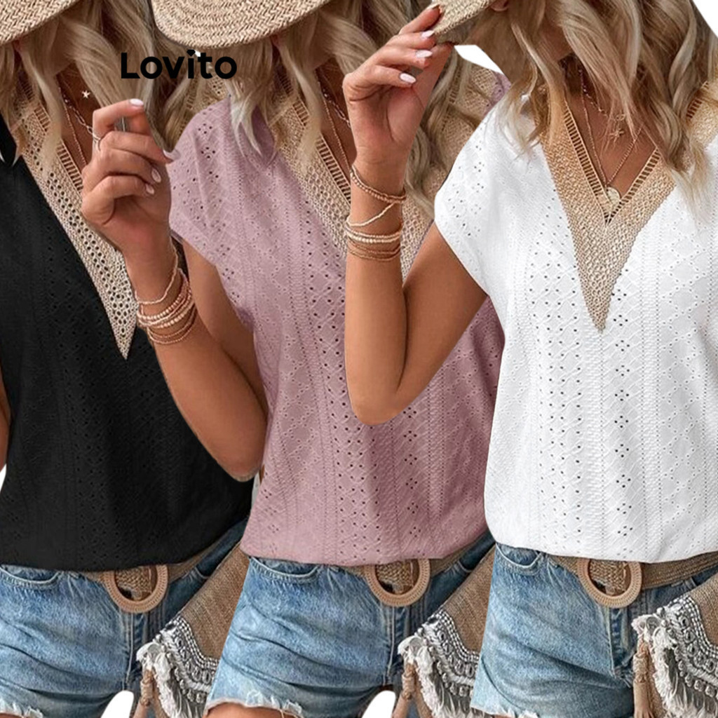 Lovito Elegant Patchwork Cut Out T-Shirt for Women LNE31085 (Multi-color)